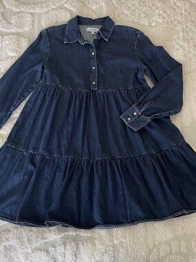 Paris Atelier & Other Stories Mini Denim Dress Dark Blue Tiered Babydoll Size 4